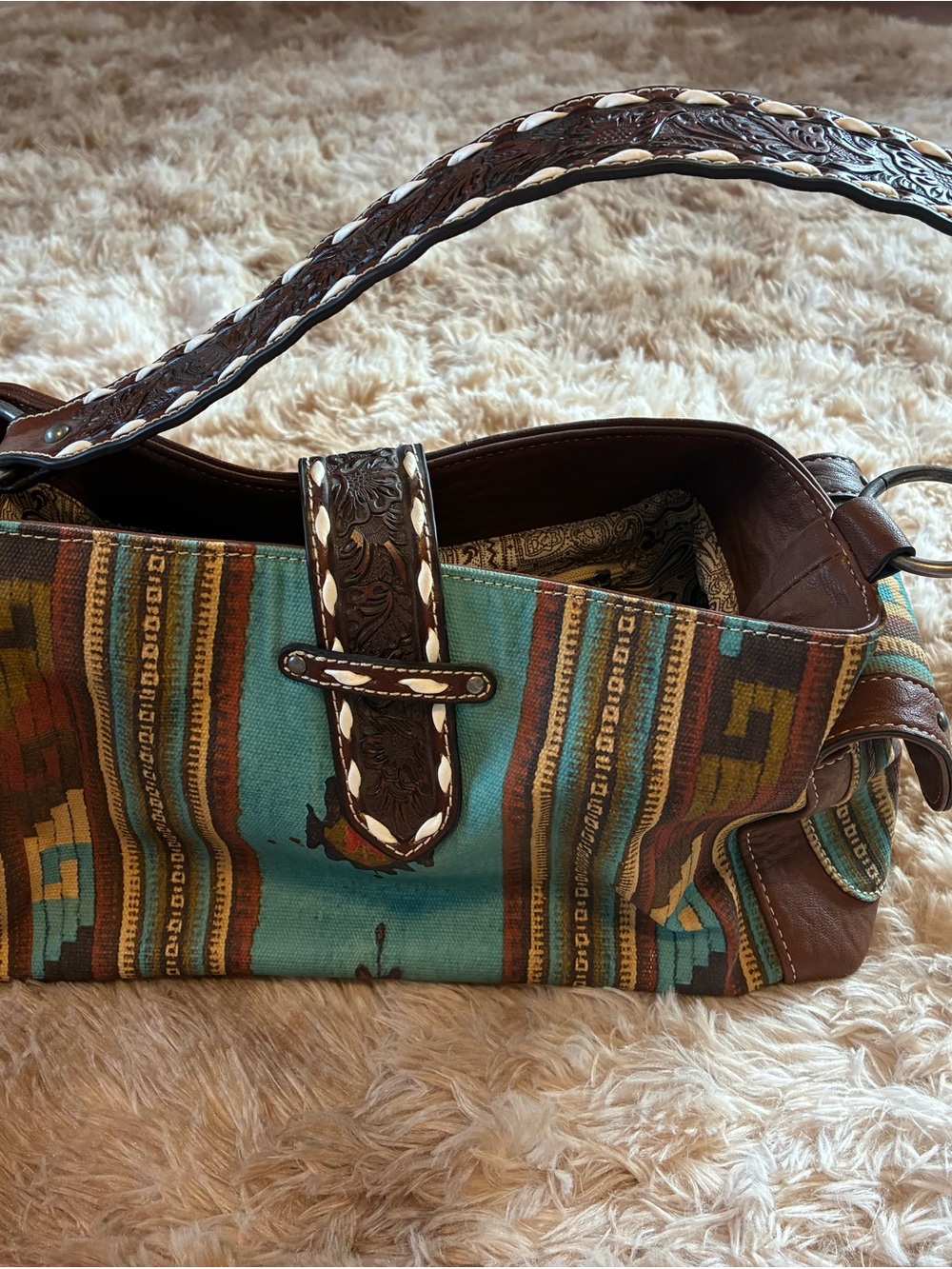 Women’s Turquoise Southwestern Tote Bag with Brown Leather Trim